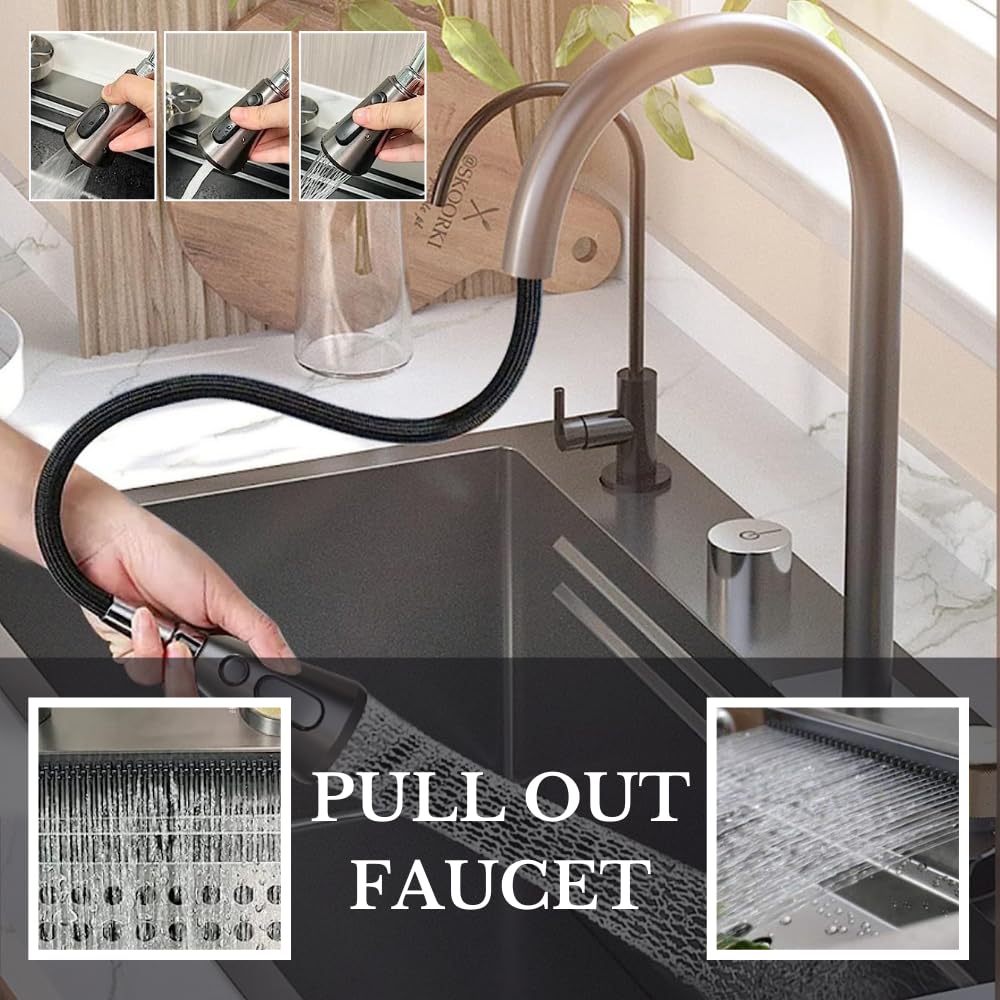 ZAP Waterfall 304 SS Kitchen Sink Set – 37x18 Inch Black Finish with Pull-Out Faucet, Chopping Board, Soap Dispenser, Glass Rinser & Strainer | Multi-functional Farmhouse Sink with Accessories