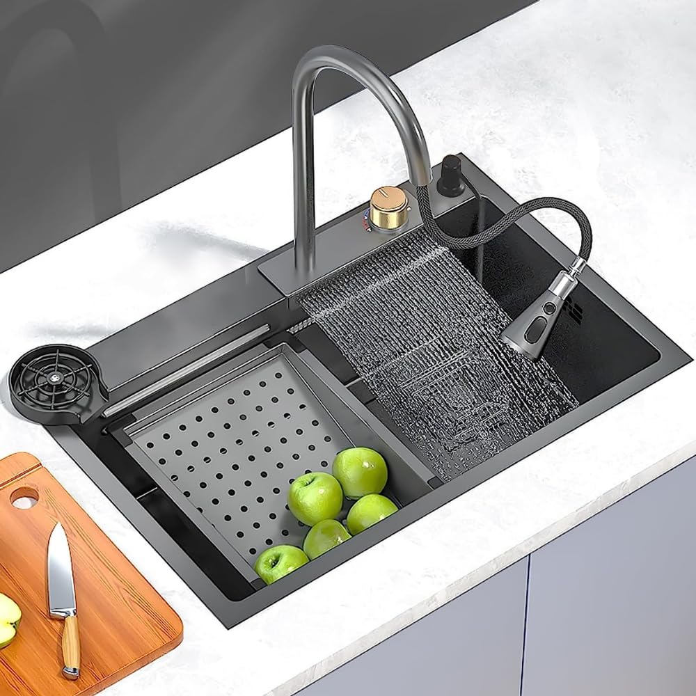 ZAP 304 SS Waterfall Kitchen Sink Set 30x18 Inch – Black Finish with Pull-Out Faucet, Chopping Board, Glass Rinser, Soap Dispenser & Strainer | Multi-Functional Farmhouse Sink