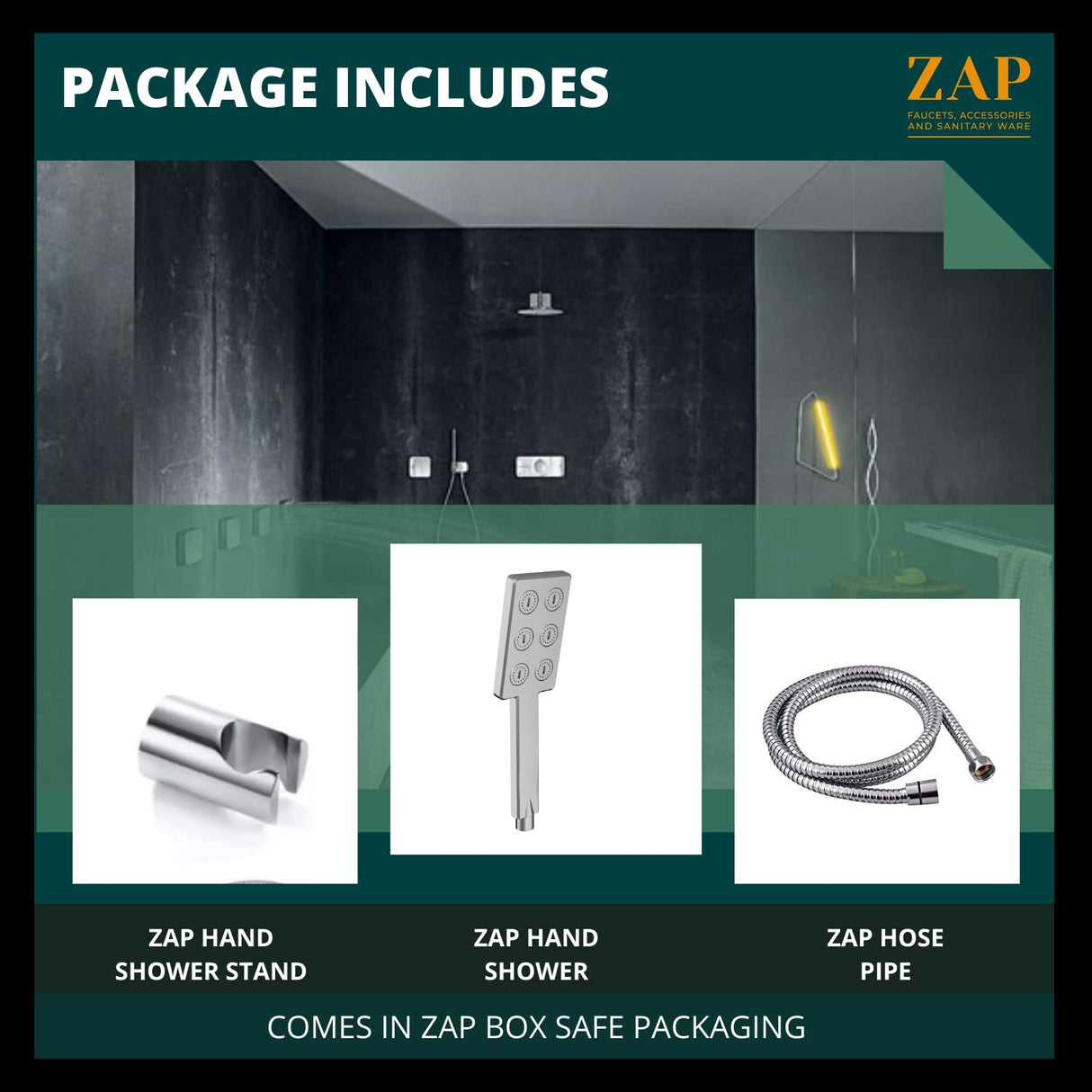Zap ZX8765 Hand Shower with Stand and Hose Pipe, Flexible Silicone Nozzles, Stainless Steel Finish, Lightweight, Great Grip, Precise Water Flow(Ultra Modern Sleek, Single Flow, Elegant Design)