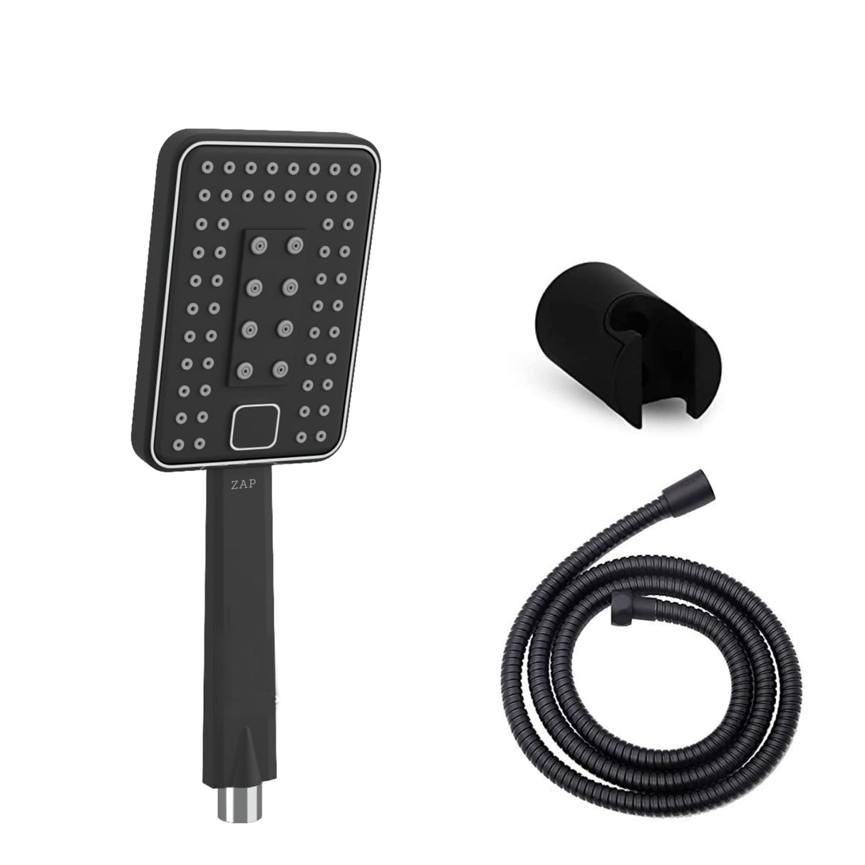 FX6543 Hand Shower with Stand and Hose Pipe, Flexible Silicone Nozzles, Multi-Flow, Stainless Steel Finish, Lightweight, Great Grip, Precise Water Flow(Ultra Modern Sleek, Rain, Soft, Rain & Soft Spray) Black