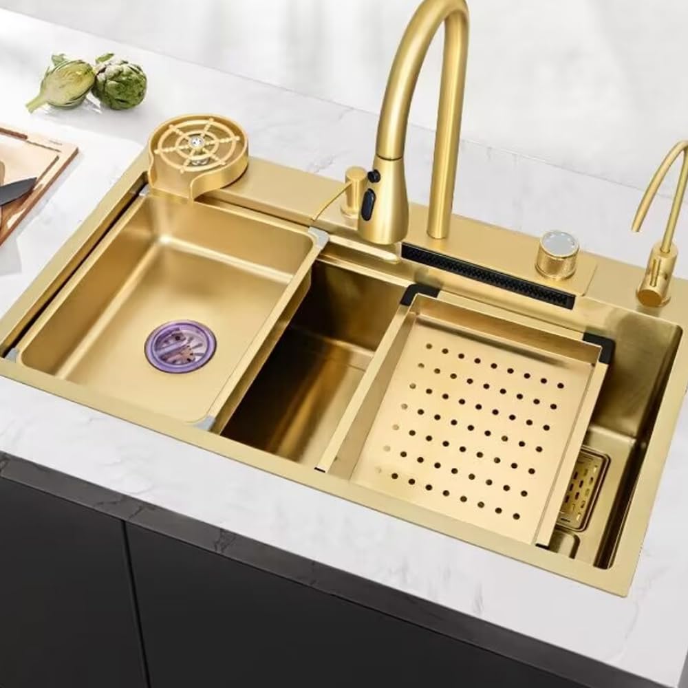 ZAP Elixir Waterfall Series Golden Kitchen Sink 30x18 Inch | Premium Stainless Steel | Durable & Stylish