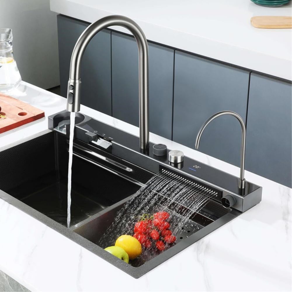 ZAP Millennium Series Piano Kitchen Sink 30x18 Inches Black | Digital Integrated Multifunction Waterfall Sink with LED Lights & Digital Display Screen