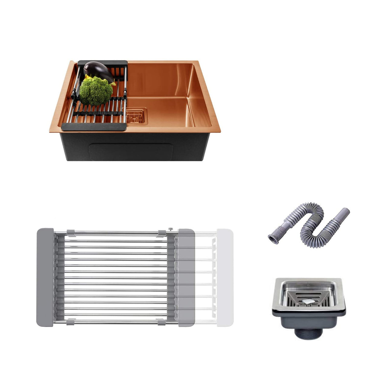 Zap Kitchen Sink Single Bowl 24x18 Inch | Rose Gold Finish | 304 Stainless Steel | Dual Water Aerator, Drainer Basket, Waste Pipe & Coupling | R Angle Corners | Smooth Drainage | Noise Reduction Pads