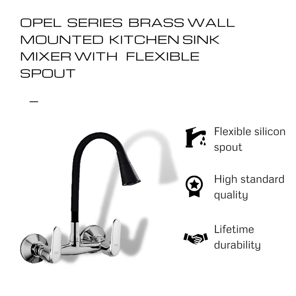 ZAP Opel Series Brass Kitchen Sink Mixer Tap – Flexible Spout Wall Mounted Hot & Cold Water Faucet | Premium Chrome Finish Sink Mixer for Modular Kitchens