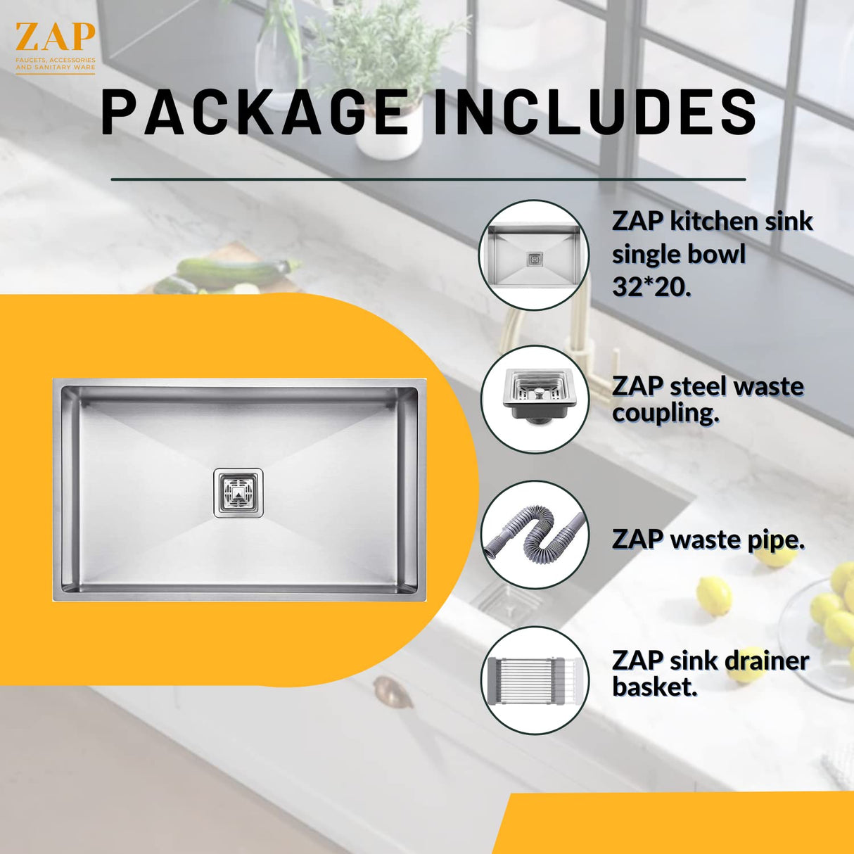 ZAP Spacious Single Bowl Kitchen Sink 32x20x10 Inch | Matte Finish Thick SS-304 Stainless Steel | Includes Steel Waste Coupling, Waste Pipe & Drainer Basket | Durable & Stain Resistant
