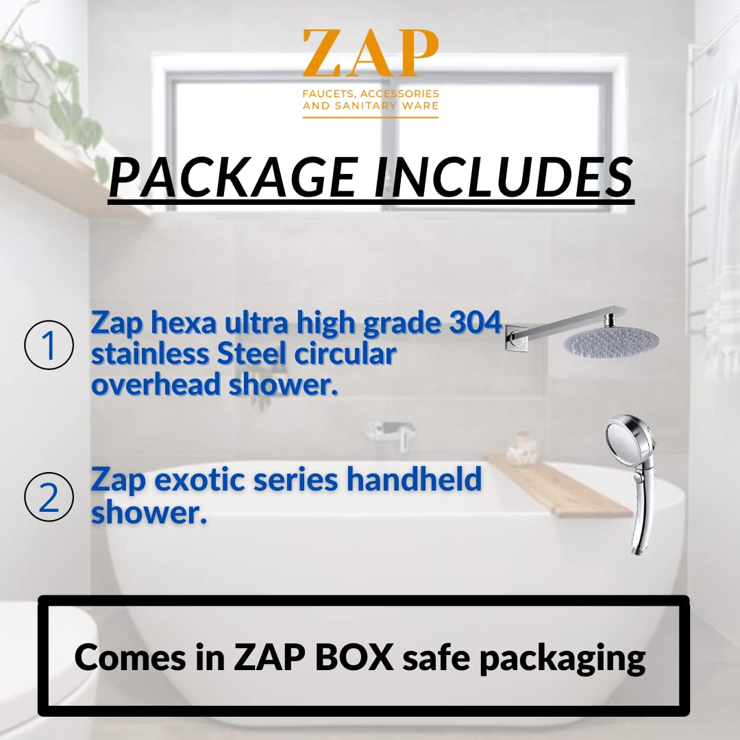 ZAP Combo Hexa| Circular Overhead Shower with Rod (304 Stainless Steel Polished) Exotic Series Handheld Shower | 3 Spray Modes + Pause Button | Flexible Hose & Wall Hook | Chrome Finish