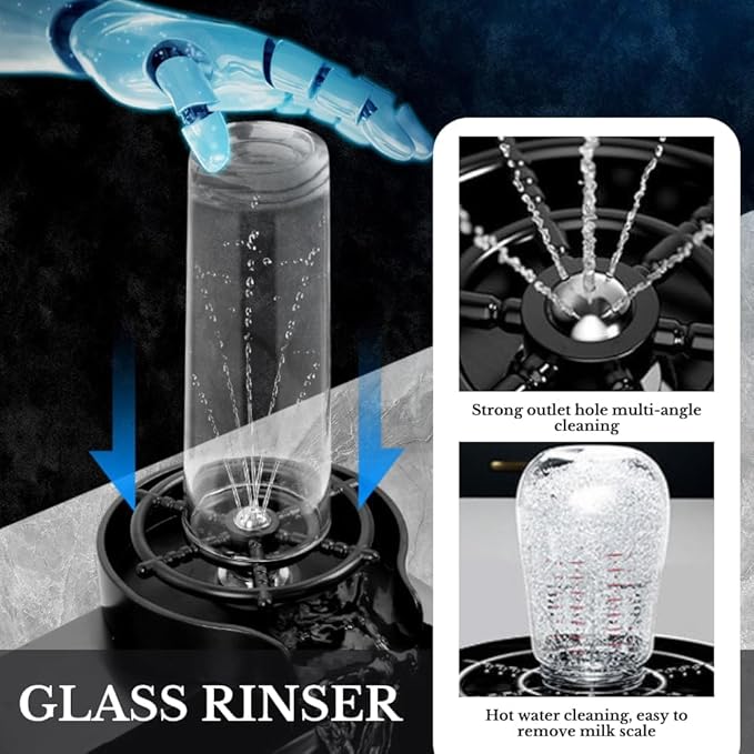 ZAP Waterfall 304 SS Kitchen Sink Set with Pull-Out Faucet, Chopping Board, Glass Rinser, Soap Dispenser & Strainer | Multi-Functional Farmhouse Sink with Accessories | Black, 24x18 Inch