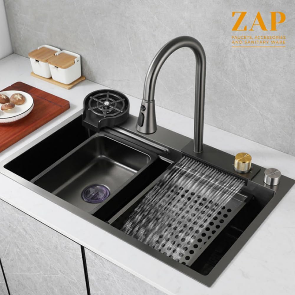 ZAP Waterfall 304 Grade Stainless Steel Kitchen Sink Set – 30x18 Inch Chrome Finish | Pull-Out Faucet, Chopping Board, Soap Dispenser, Glass Rinser & Strainer | Farmhouse Sink with Multi-Functional Accessories