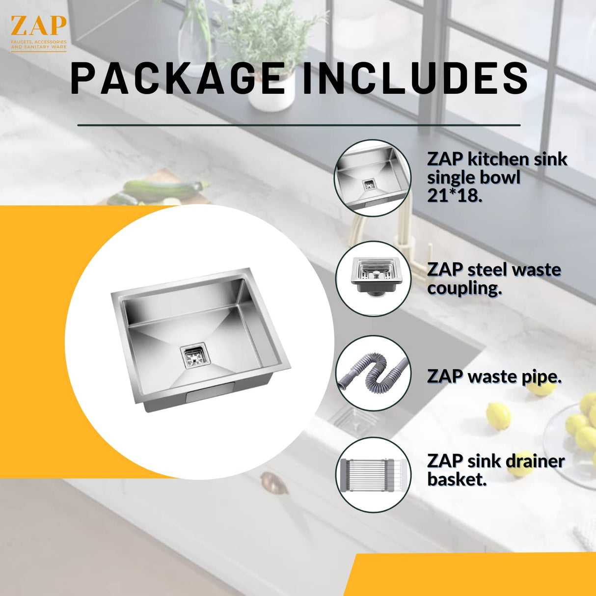 Zap Kitchen Sink Single Bowl 21x18 cm Silver Matt Finish | 304 Stainless Steel | Includes Sink Drainer Basket, Steel Waste Coupling & Waste Pipe | Smooth Drainage & Noise Reduction Pads