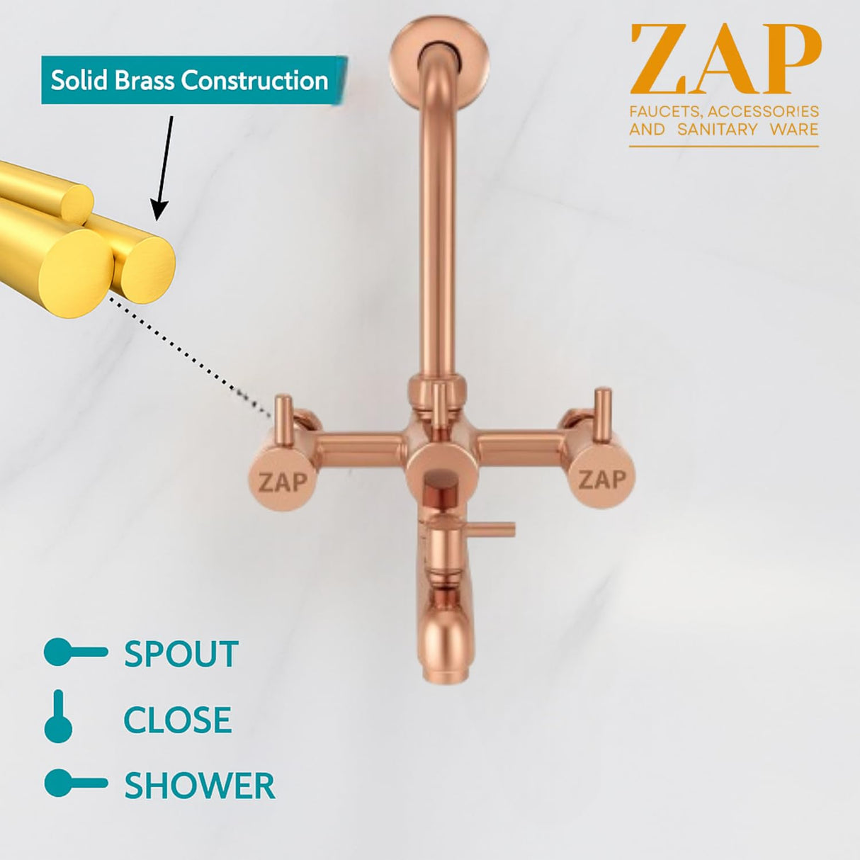 Elixir Rose Gold 3-in-1 Brass Wall Mixer Set