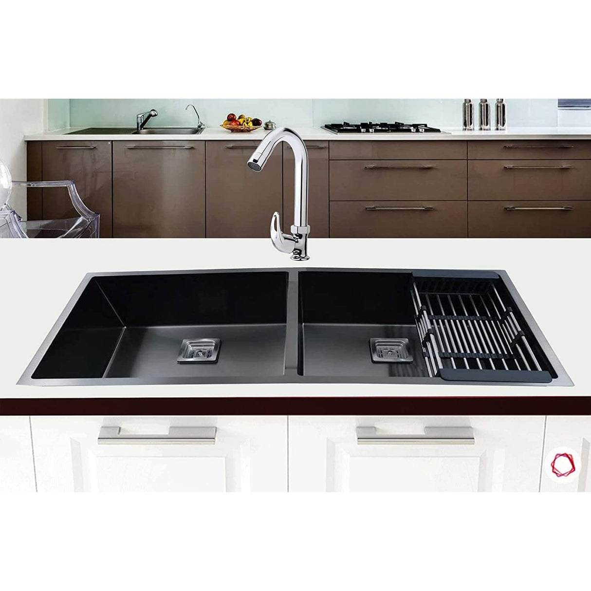 ZAP 45x20 cm Double Bowl Kitchen Sink – Black Finish Stainless Steel with Dual Water Aerator, Drainer & Fruit Basket, Waste Coupling & Pipe | Zero Radius Corners | Smooth Drainage | Noise Reduction