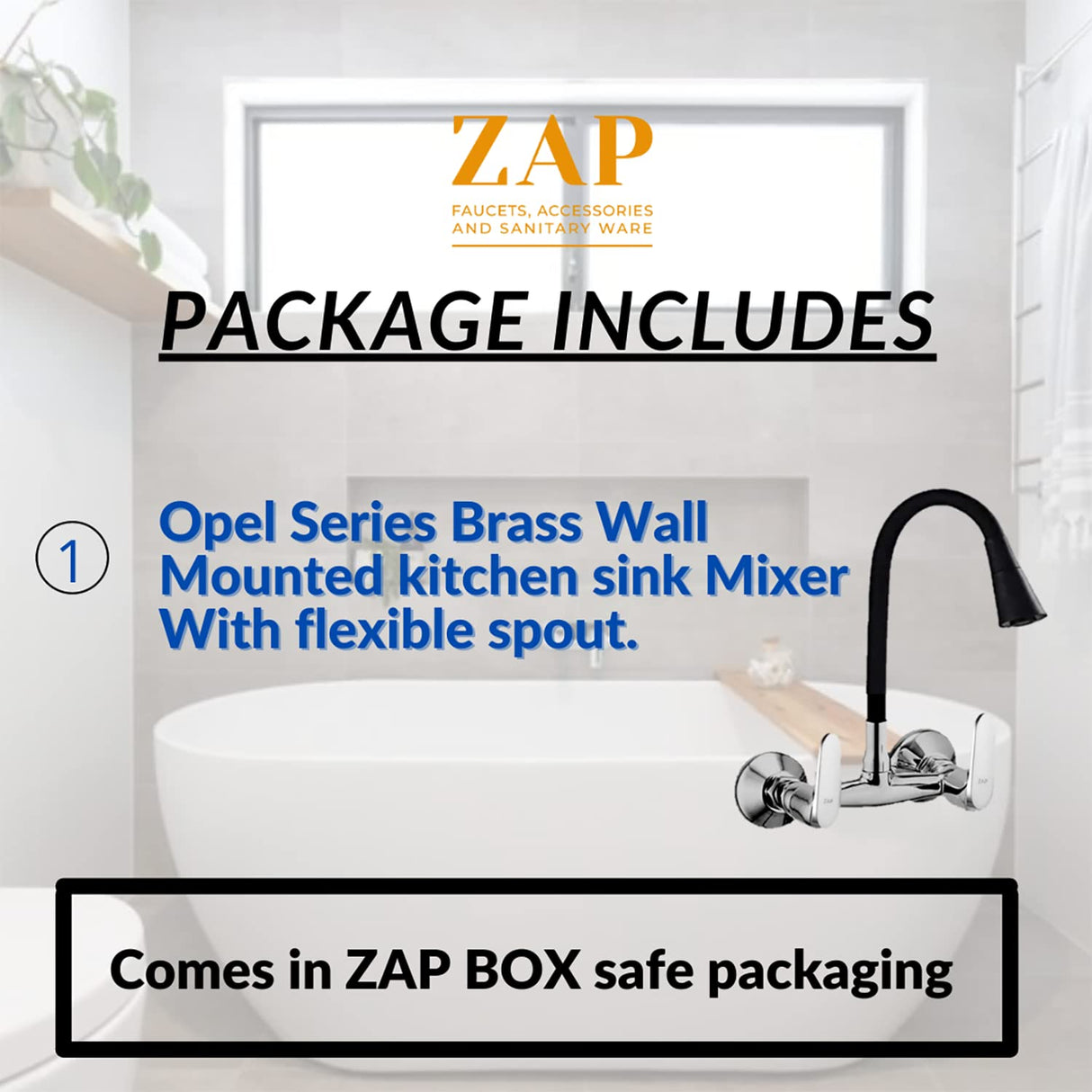 ZAP Opel Series Brass Kitchen Sink Mixer Tap – Flexible Spout Wall Mounted Hot & Cold Water Faucet | Premium Chrome Finish Sink Mixer for Modular Kitchens