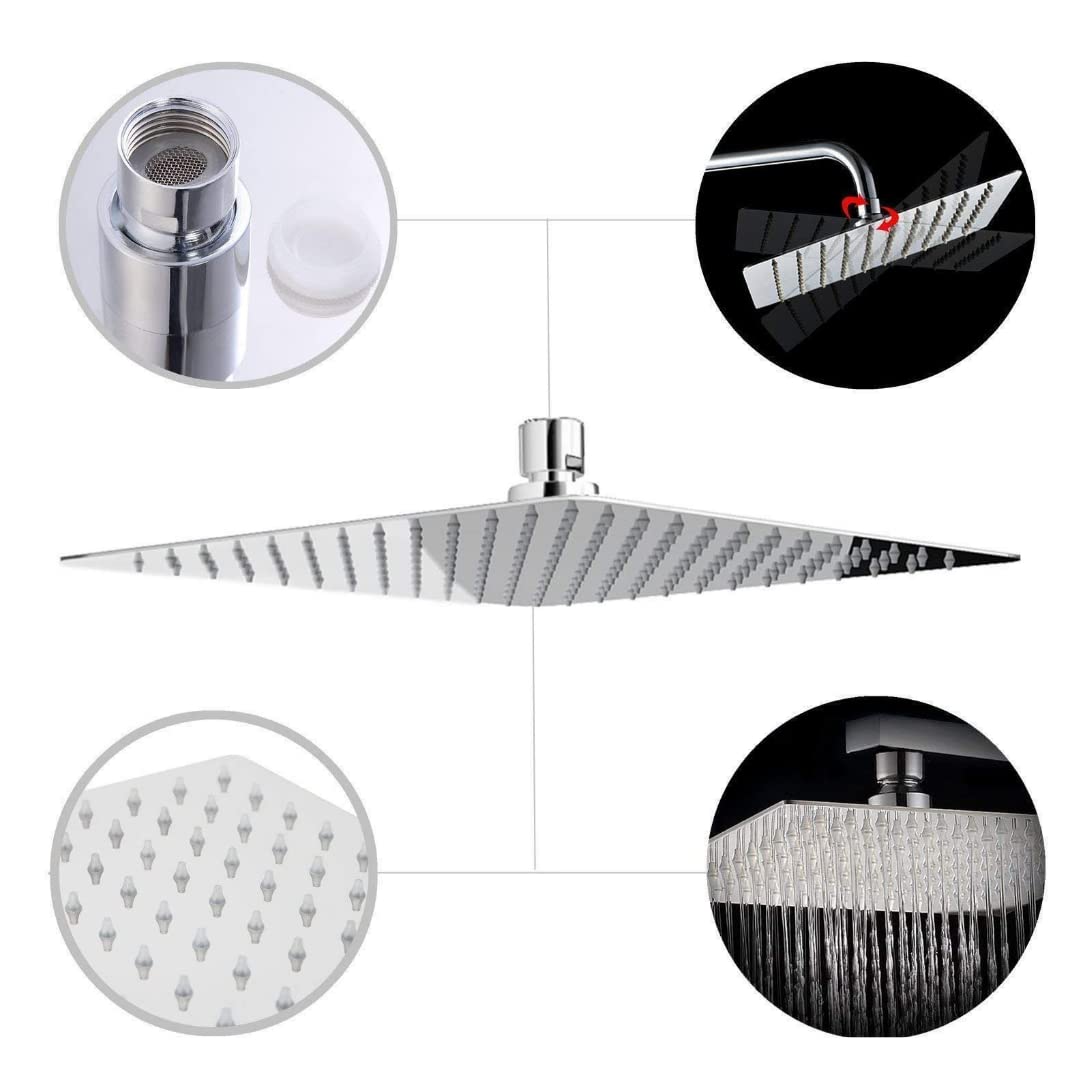 ZAP Combo | Hexa Ultra Square 304 SS Overhead Shower with Rod | ABS Silicone Hand Shower | Flexible Hose Pipe | Wall Hook | High Pressure Rain Shower | Rust-Free Stainless Steel Finish