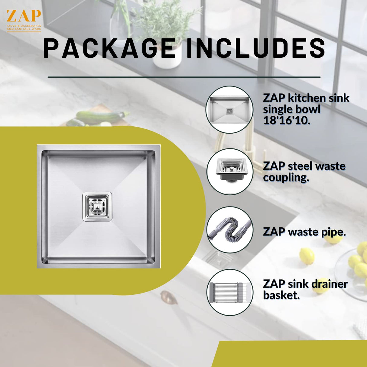 ZAP Kitchen Sink Spacious Single Bowl 18x16x10 Inch | Matte Finish Thick Stainless Steel | Includes Steel Waste Coupling, Waste Pipe & Sink Drainer Basket | Durable & Stain Resistant