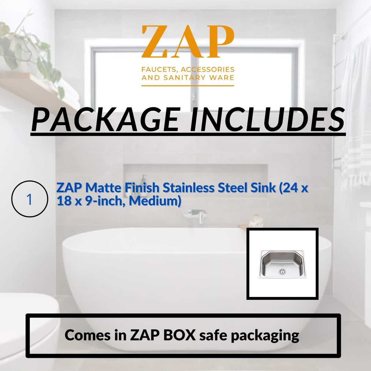 ZAP Single Bowl Kitchen Sink 24x18x9 Inch | Matte Finish Stainless Steel | Medium Size | Rust & Stain Resistant | Durable & Easy to Clean | Ideal for Modular Kitchens