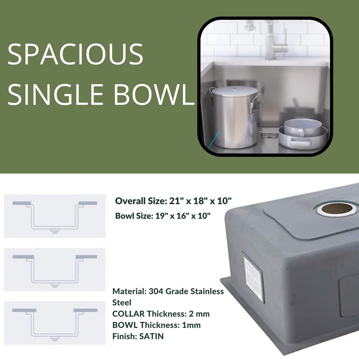 ZAP Kitchen Sink Single Bowl 21x18x10 Inch | Matte Finish SS-304 Stainless Steel | Includes Waste Coupling, Waste Pipe & Drainer Basket | Spacious, Durable & Stain Resistant Modern Sink