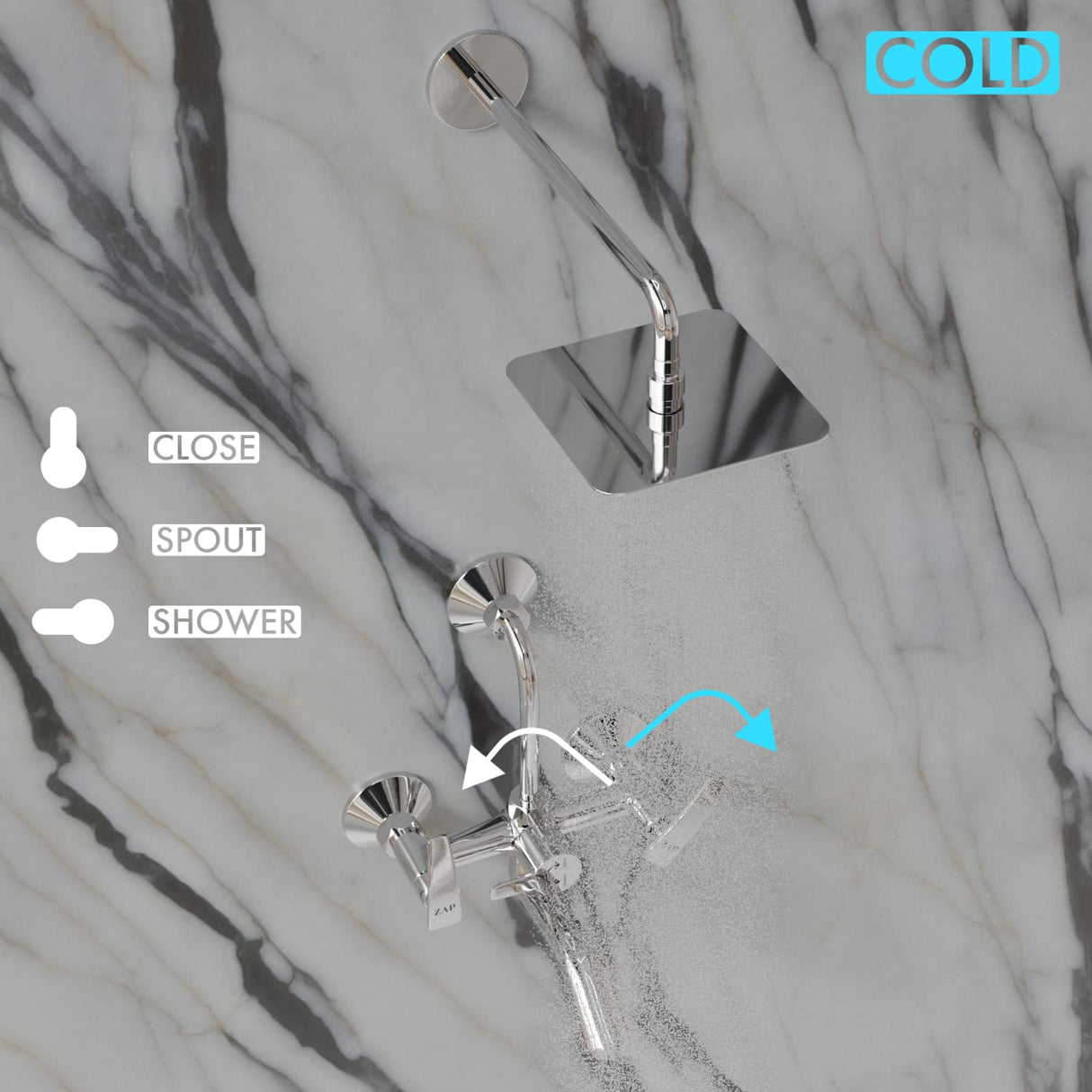 ZAP Hexa Series 2-in-1 Wall Mixer Tap | 100% Brass with Overhead Shower, 125mm Bend Pipe & Faucet Cleaner | Chrome Finish | Hot & Cold Water Control | Wall Mounted | Made in India