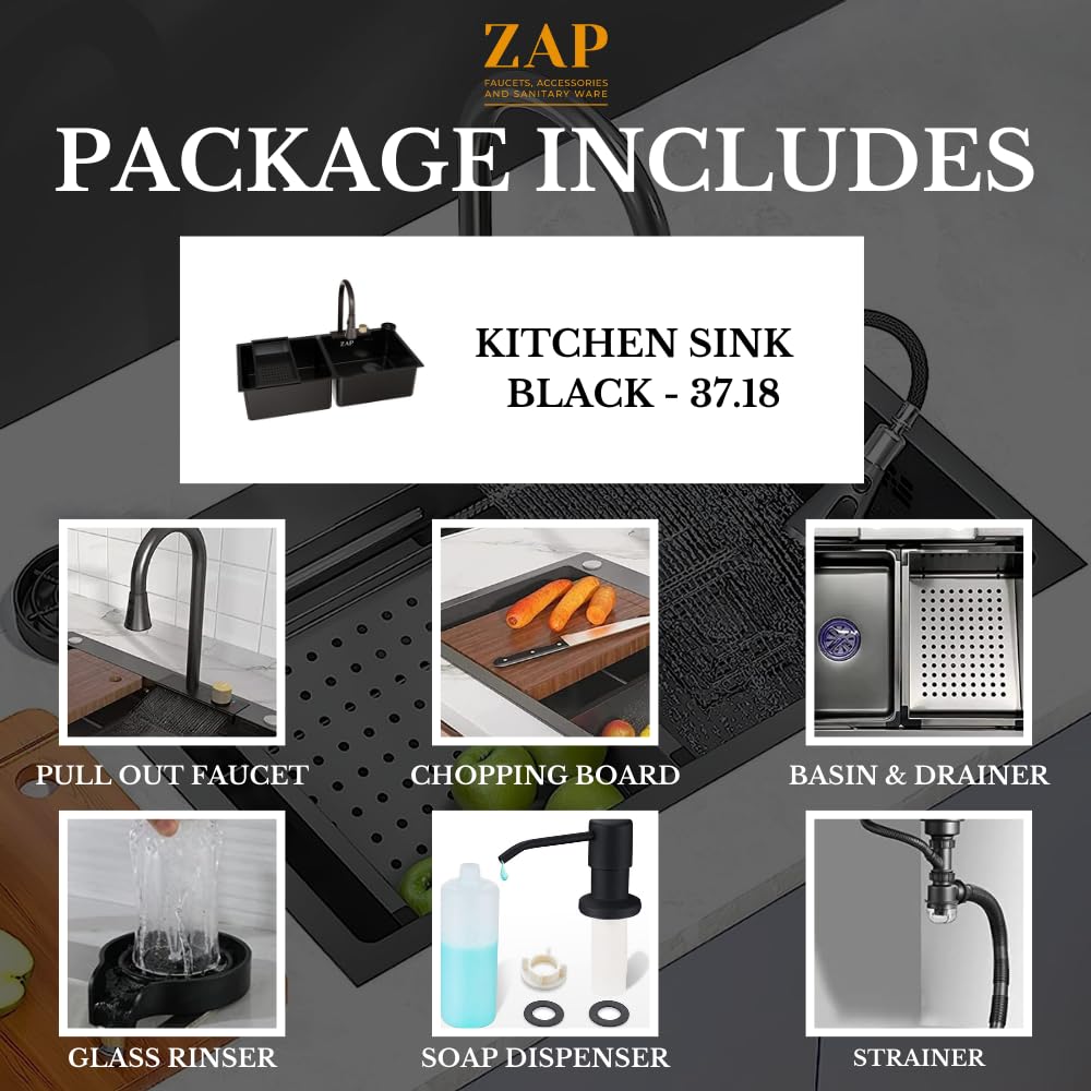 ZAP Waterfall 304 SS Kitchen Sink Set – 37x18 Inch Black Finish with Pull-Out Faucet, Chopping Board, Soap Dispenser, Glass Rinser & Strainer | Multi-functional Farmhouse Sink with Accessories