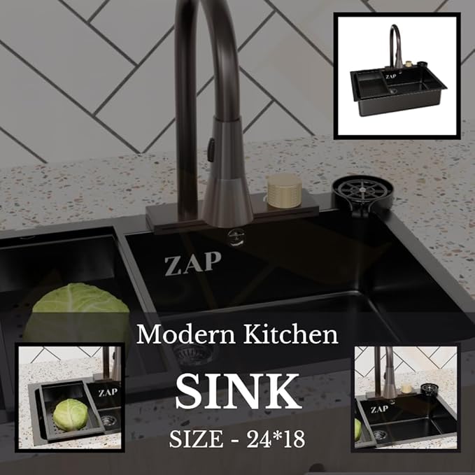ZAP Waterfall 304 SS Kitchen Sink Set with Pull-Out Faucet, Chopping Board, Glass Rinser, Soap Dispenser & Strainer | Multi-Functional Farmhouse Sink with Accessories | Black, 24x18 Inch