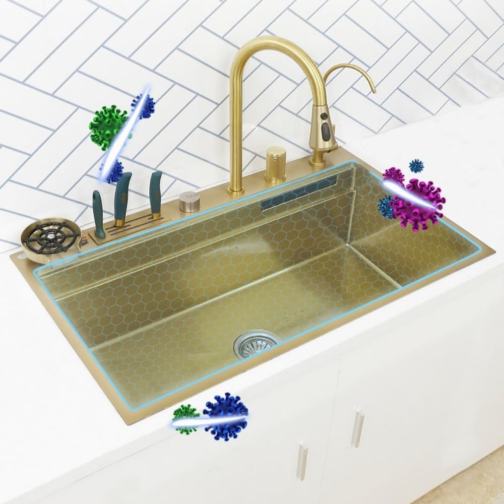 ZAP Elixir Waterfall Series Golden Kitchen Sink 30x18 Inch | Premium Stainless Steel | Durable & Stylish