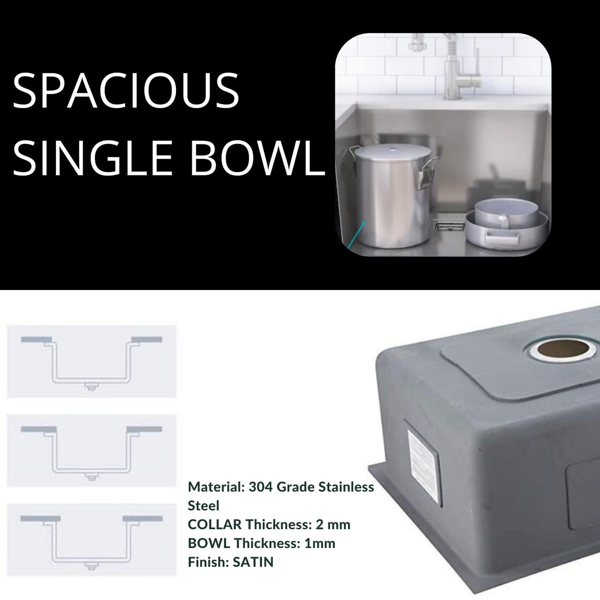 Zap Kitchen Sink Spacious Single Bowl 18x16x10 Inch | Thick Stainless Steel with Satin Finish | Includes Steel Waste Coupling, Waste Pipe & Drainer Basket | Rust & Stain Resistant for Modern Kitchens, Bars & Homes