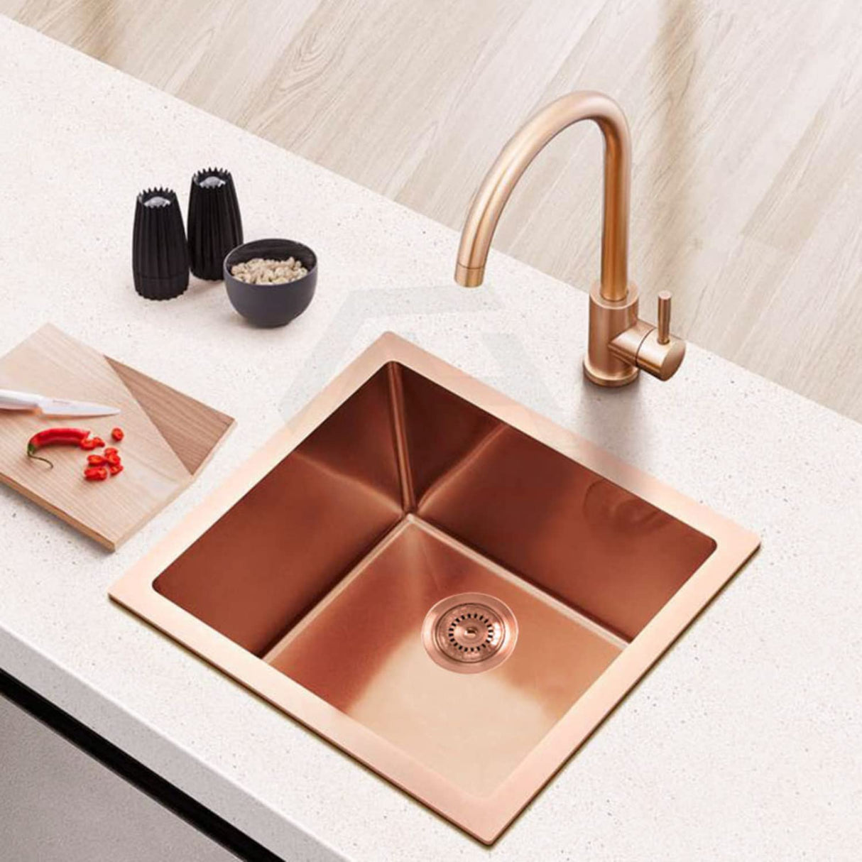 ZAP Millennium Series 24x24 Rose Gold Stainless Steel Single Bowl Kitchen Sink | Deep, Square Design with Soundproofing | Includes All-in-One Waste Kit | Modern Rose Gold Finish