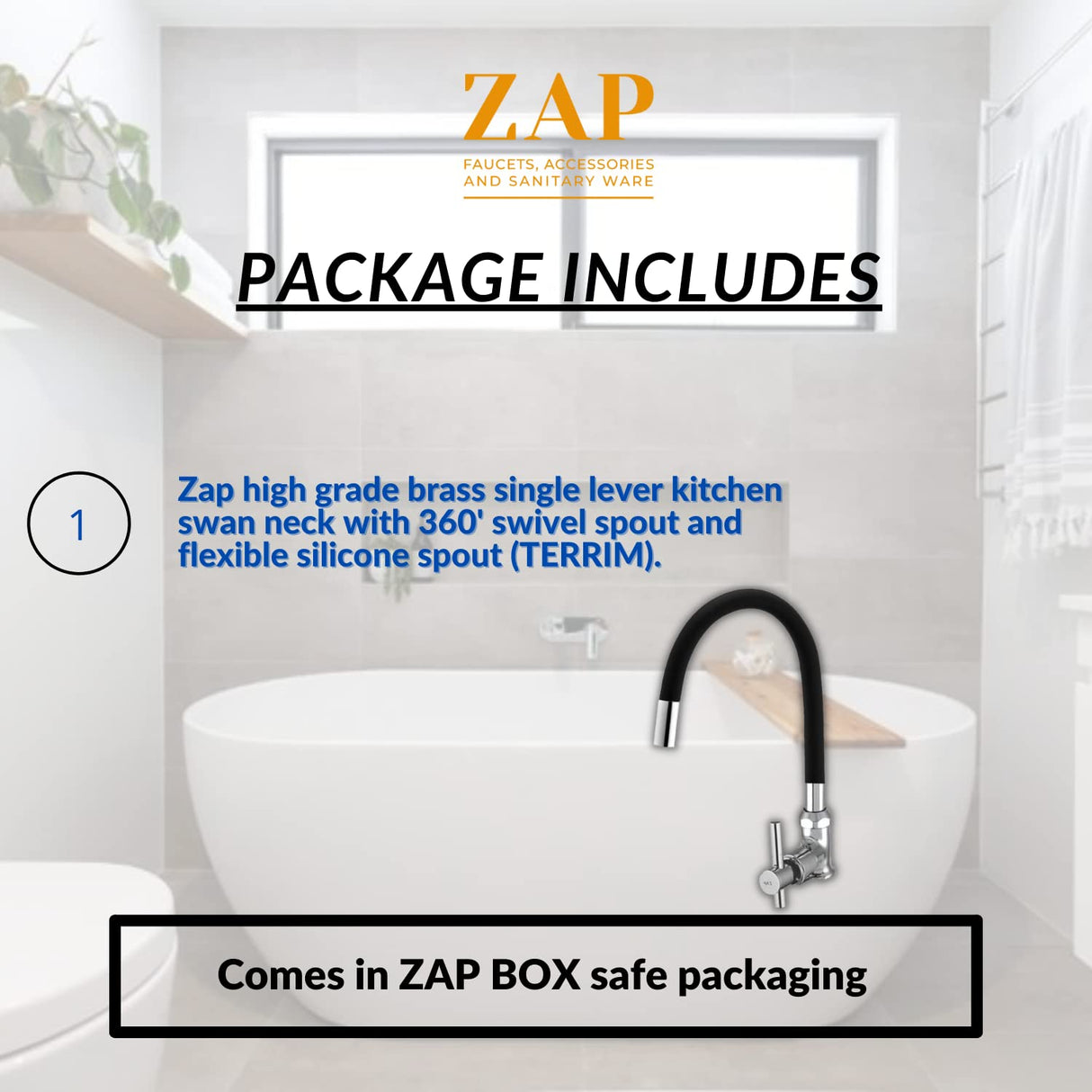 ZAP TERRIM High Grade Brass Kitchen Tap | Swan Neck Design | 360° Swivel Spout | Single Lever | Flexible Silicone Spout | Rust-Proof | Hot & Cold Mixer | Chrome Finish