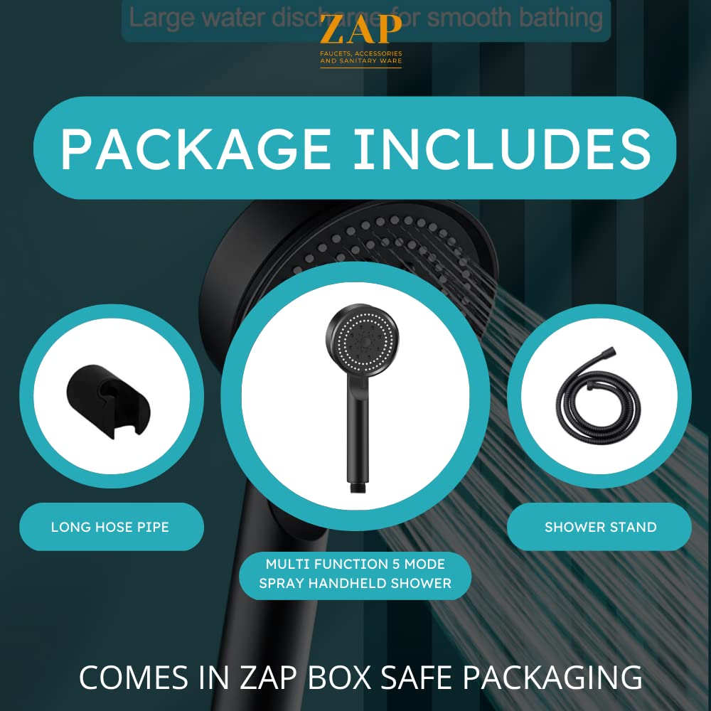 ZAP | 9-INCH HIGH PRESSURE HANDHELD SHOWER | 5 SPRAY MODES | MULTI-FUNCTIONAL WATER FLOW | WITH 1M SHOWER HOSE PIPE | SLEEK BLACK FINISH | BATHROOM HAND SHOWER