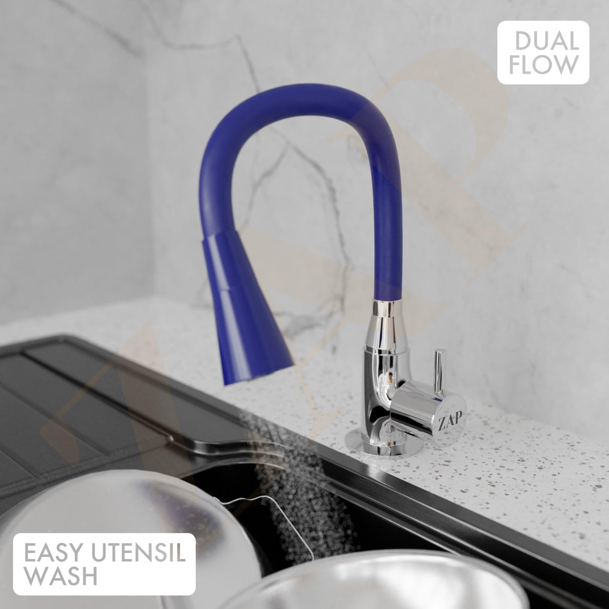 ZAP Swan Neck with Flexible Swivel Spout | Dual Flow Kitchen Sink Tap | Silicone Spout Brass Faucet | Tap for Kitchen Sink | Modern Sink Cock | Wash Basin Tap | Pillar Tap (Blue)