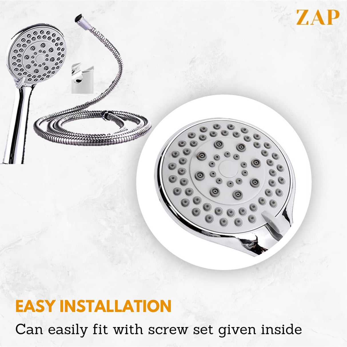 ZAP Combo | Hexa Ultra Square 304 SS Overhead Shower with Rod | ABS Silicone Hand Shower | Flexible Hose Pipe | Wall Hook | High Pressure Rain Shower | Rust-Free Stainless Steel Finish