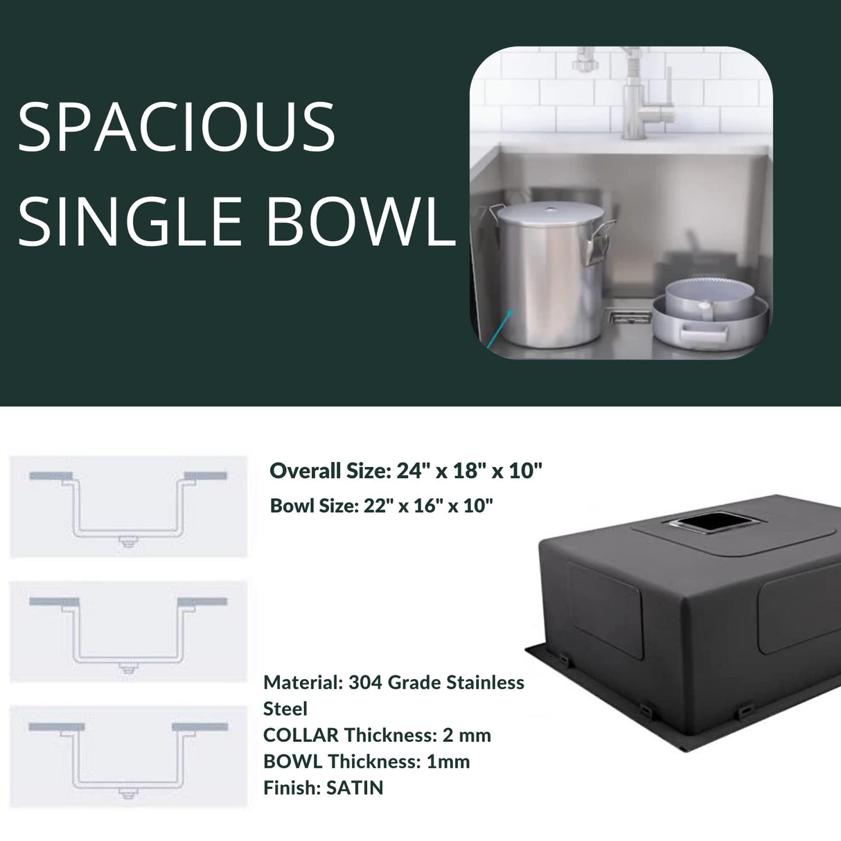 Zap Kitchen Sink Single Bowl 24x18 Inch | Rose Gold Finish | 304 Stainless Steel | Dual Water Aerator, Drainer Basket, Waste Pipe & Coupling | R Angle Corners | Smooth Drainage | Noise Reduction Pads