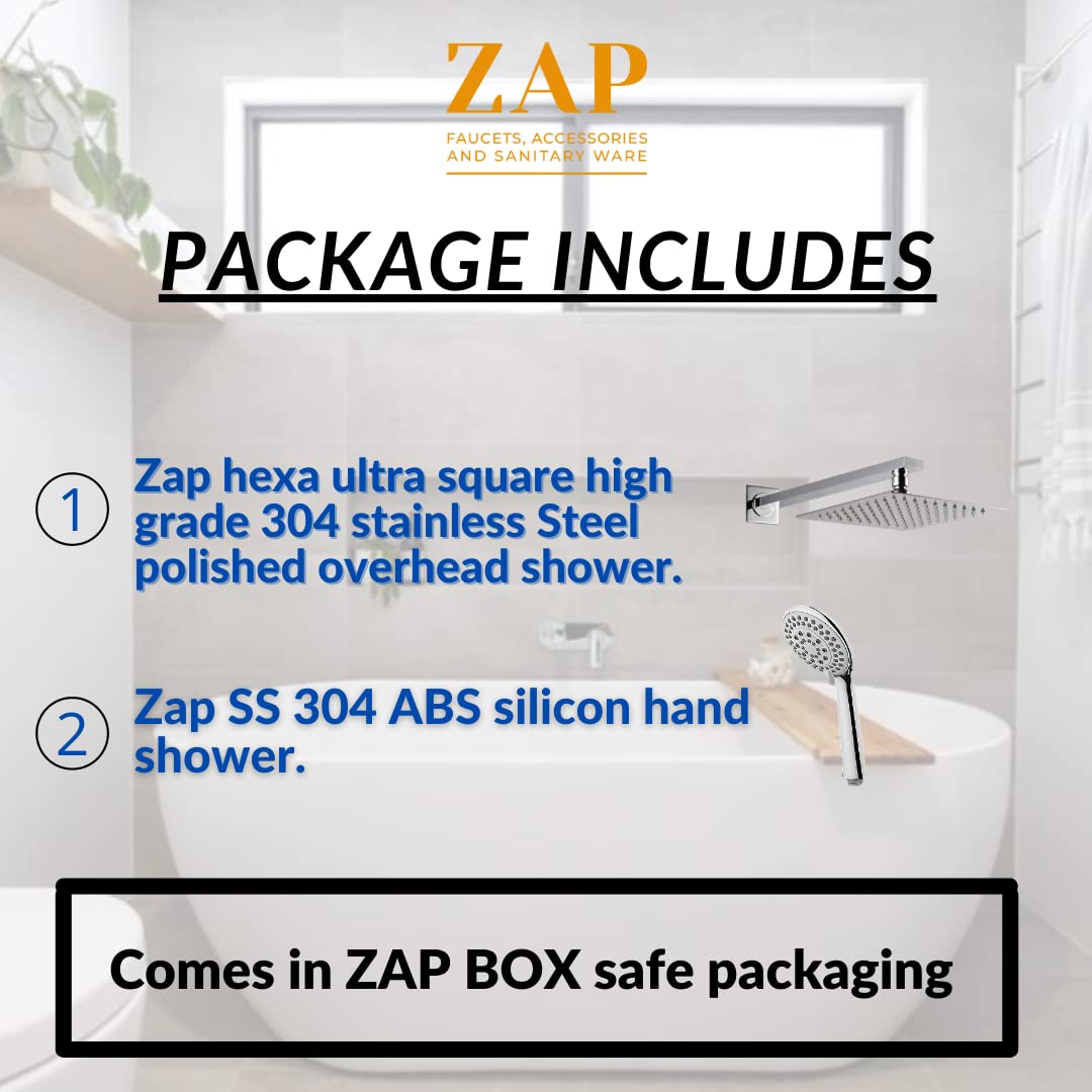 ZAP COMBO | HEXA ULTRA SQUARE 304 STAINLESS STEEL OVERHEAD SHOWER WITH ROD | SS 304 ABS SILICONE HAND SHOWER | HIGH-PRESSURE RAIN SHOWER | LEAK-PROOF | CHROME FINISH