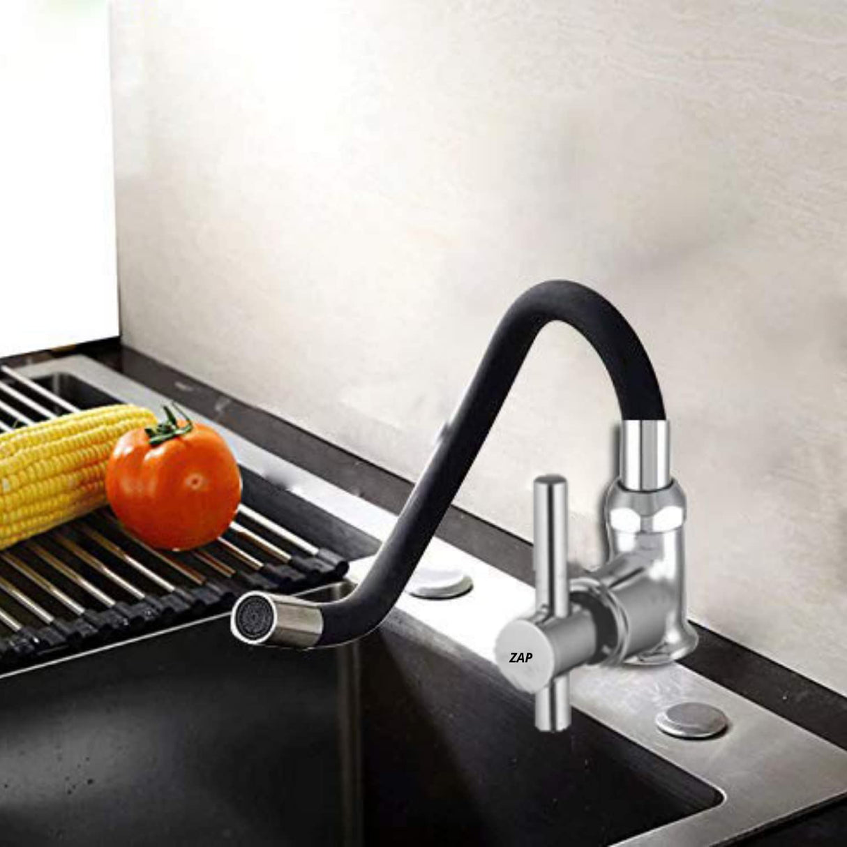 ZAP TERRIM High Grade Brass Kitchen Tap | Swan Neck Design | 360° Swivel Spout | Single Lever | Flexible Silicone Spout | Rust-Proof | Hot & Cold Mixer | Chrome Finish
