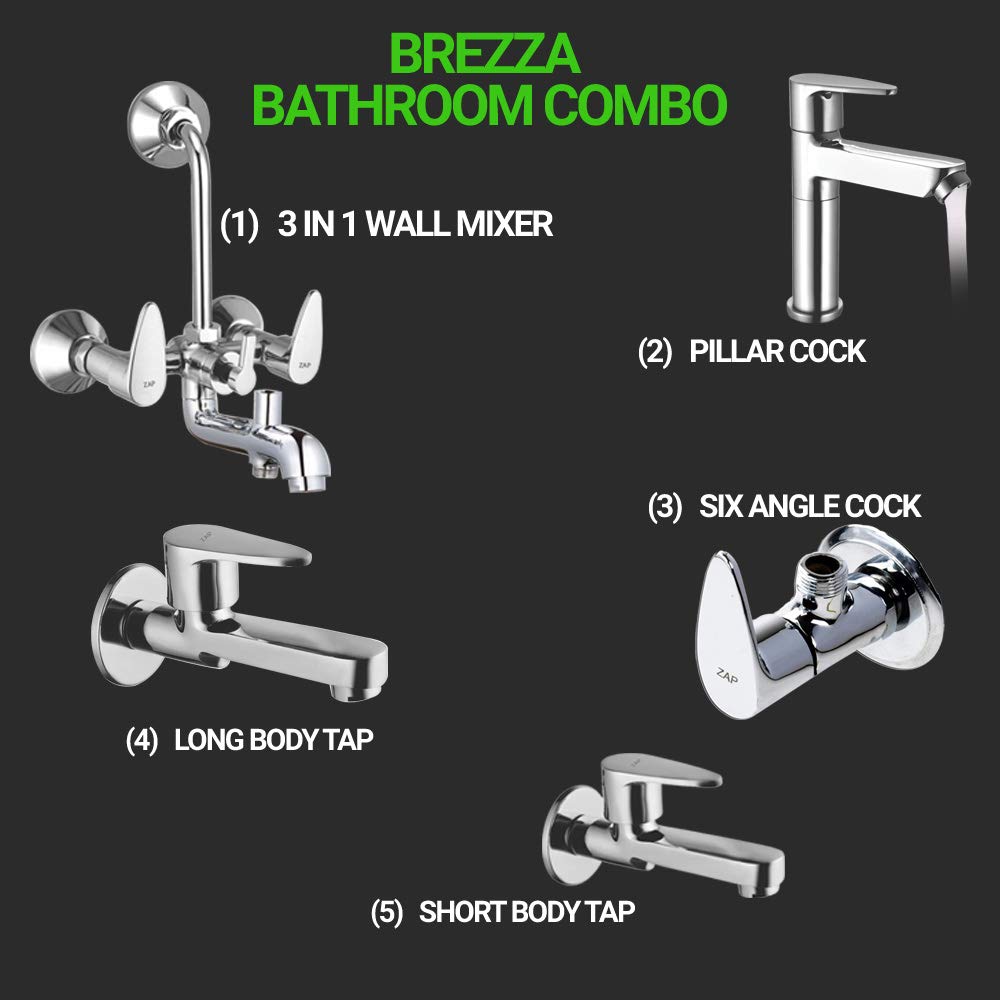 ZAP Brezza Series Brass Bathroom Tap Combo | 3-in-1 Wall Mixer, 6 Angle Cocks, 2 Long Body Taps, 1 Pillar Cock | 100% Brass | Chrome Finish | Complete Bathroom Fittings Set | Made in India