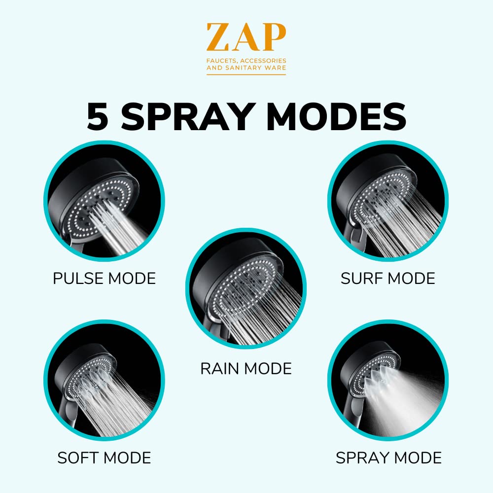 ZAP | 9-INCH HIGH PRESSURE HANDHELD SHOWER | 5 SPRAY MODES | MULTI-FUNCTIONAL WATER FLOW | WITH 1M SHOWER HOSE PIPE | SLEEK BLACK FINISH | BATHROOM HAND SHOWER