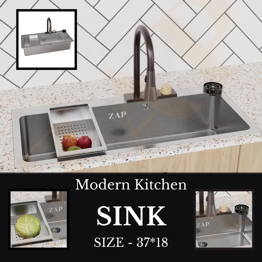 ZAP Waterfall 304 SS Kitchen Sink Set 37x18 Inch – Chrome Finish with Pull-Out Faucet, Chopping Board, Glass Rinser, Soap Dispenser & Strainer | Multi-Functional Farmhouse Sink for Modular Kitchens