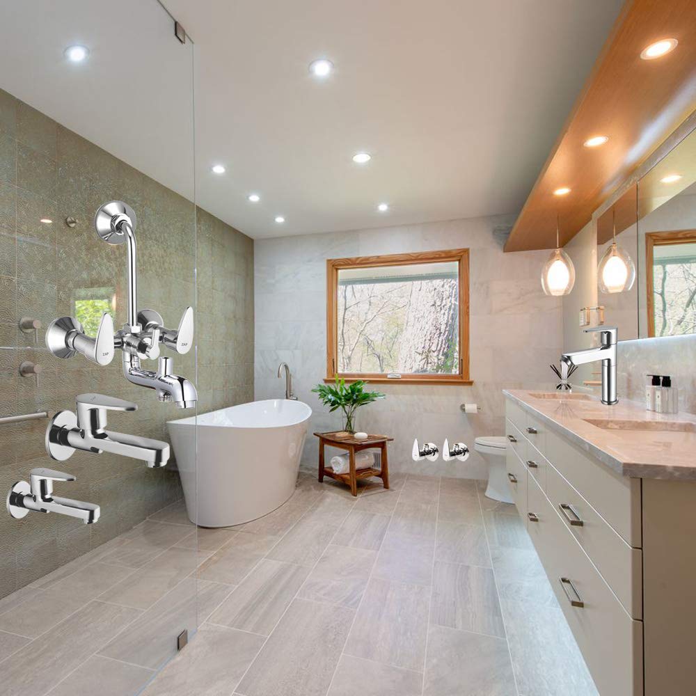ZAP Brezza Series Brass Bathroom Tap Combo | 3-in-1 Wall Mixer, 6 Angle Cocks, 2 Long Body Taps, 1 Pillar Cock | 100% Brass | Chrome Finish | Complete Bathroom Fittings Set | Made in India