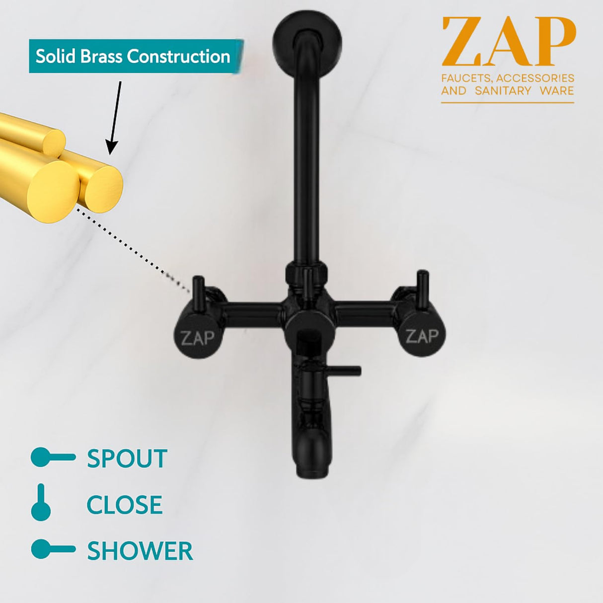 Elixir Matte Black 3-in-1 Brass Wall Mixer Set