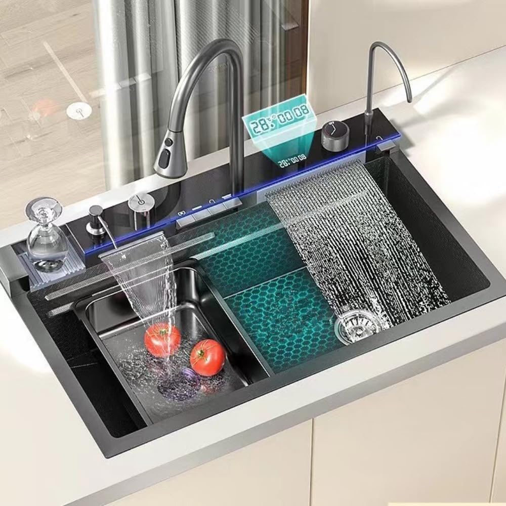 ZAP Millennium Series Piano Kitchen Sink 30x18 Inches Black | Digital Integrated Multifunction Waterfall Sink with LED Lights & Digital Display Screen
