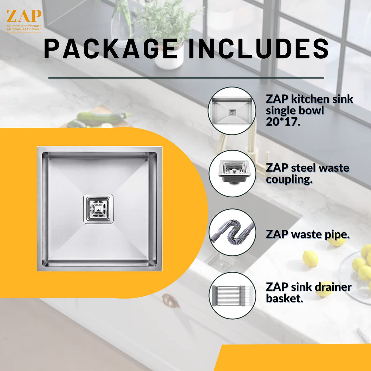 ZAP Spacious Single Bowl Kitchen Sink 20x17x10 Inch | Matte Finish Thick SS-304 Stainless Steel | Includes Steel Waste Coupling, Waste Pipe & Drainer Basket | Durable & Stain Resistant