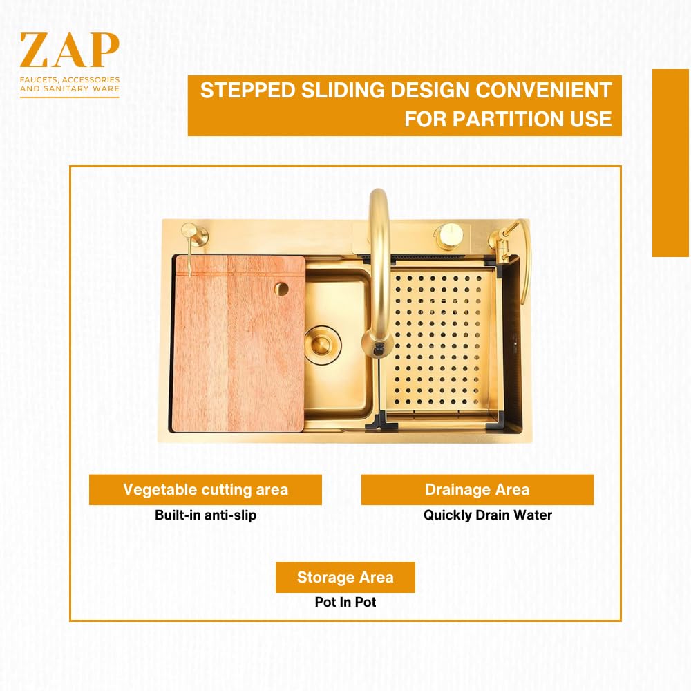ZAP Elixir Waterfall Series Golden Kitchen Sink 30x18 Inch | Premium Stainless Steel | Durable & Stylish