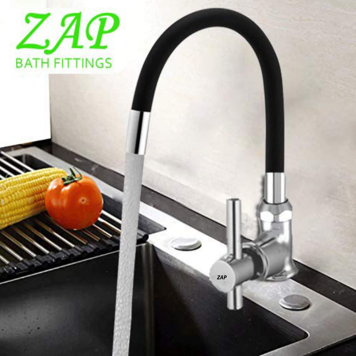 ZAP TERRIM High Grade Brass Kitchen Tap | Swan Neck Design | 360° Swivel Spout | Single Lever | Flexible Silicone Spout | Rust-Proof | Hot & Cold Mixer | Chrome Finish
