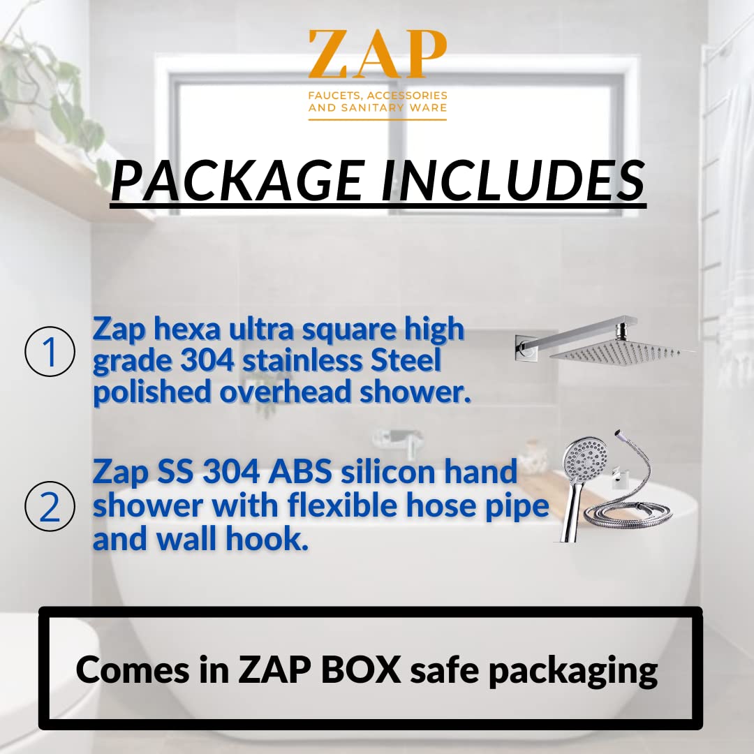 ZAP Combo | Hexa Ultra Square 304 SS Overhead Shower with Rod | ABS Silicone Hand Shower | Flexible Hose Pipe | Wall Hook | High Pressure Rain Shower | Rust-Free Stainless Steel Finish