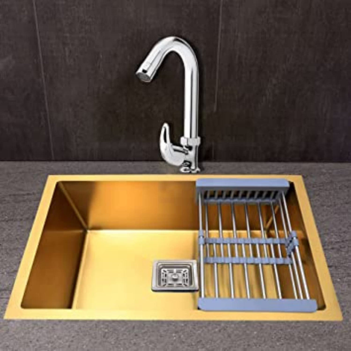 Zap Kitchen Sink Single Bowl 24x18 Inch | Gold Finish | 304 Stainless Steel | Dual Water Aerator, Sink Drainer Basket, Waste Coupling & Pipe | R Angle Corners | Smooth Drainage | Noise Reduction Pads