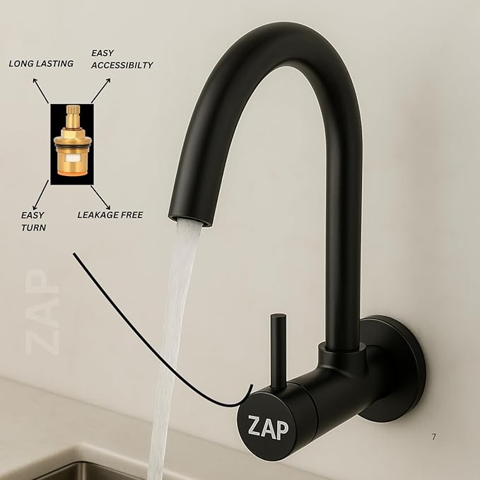 Black Brass Kitchen Wall Mounted Sink Tap with 360° Swivel Spout