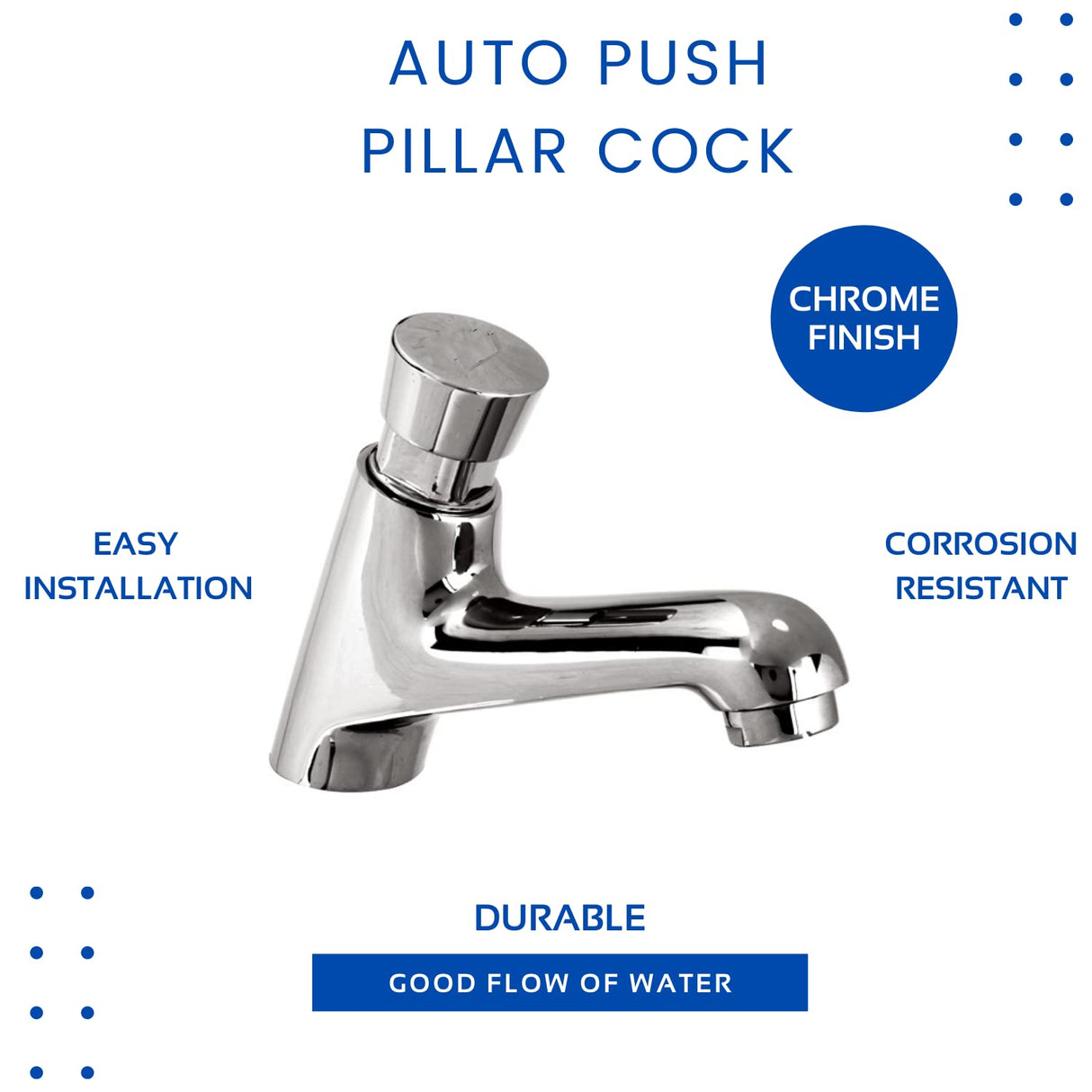 ZAP Auto Push Pillar Cock | Premium Brass Self-Closing Tap | Chrome Finish Rust-Free Faucet for Bathroom, Basin, Kitchen Sink | Ceramic Push Button Bib Cock | Hot or Cold Water