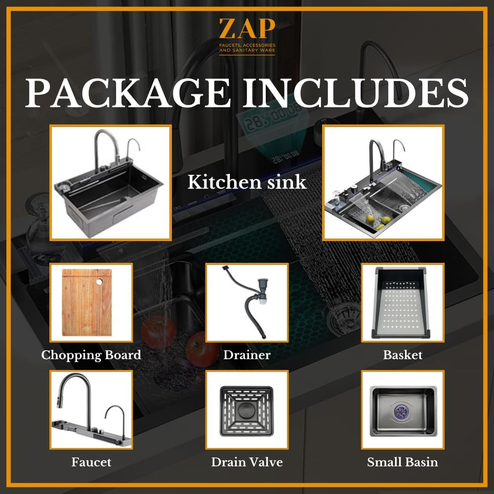ZAP Millennium Series Piano Kitchen Sink 30x18 Inches Black | Digital Integrated Multifunction Waterfall Sink with LED Lights & Digital Display Screen