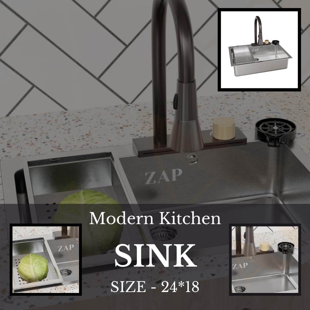 ZAP Waterfall 304 Grade Stainless Steel Kitchen Sink Set 24x18 Inch | Chrome Finish | Pull-Out Faucet, Chopping Board, Glass Rinser, Soap Dispenser & Strainer | Multi-Functional Farmhouse Sink for Modular Kitchens