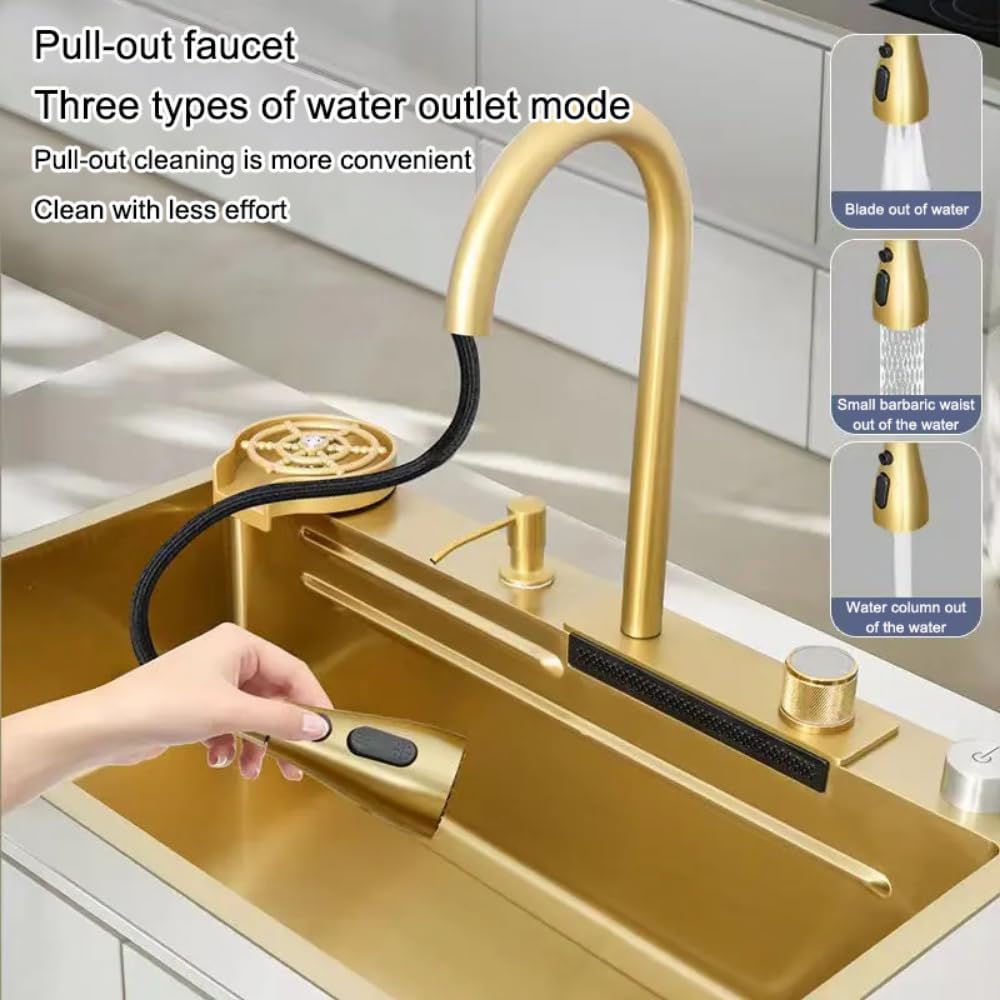 ZAP Elixir Waterfall Series Golden Kitchen Sink 30x18 Inch | Premium Stainless Steel | Durable & Stylish