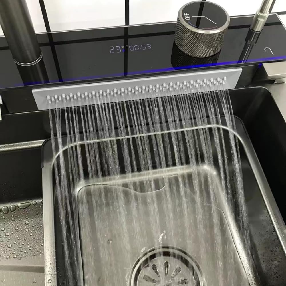 ZAP Millennium Series Piano Kitchen Sink 30x18 Inches Black | Digital Integrated Multifunction Waterfall Sink with LED Lights & Digital Display Screen